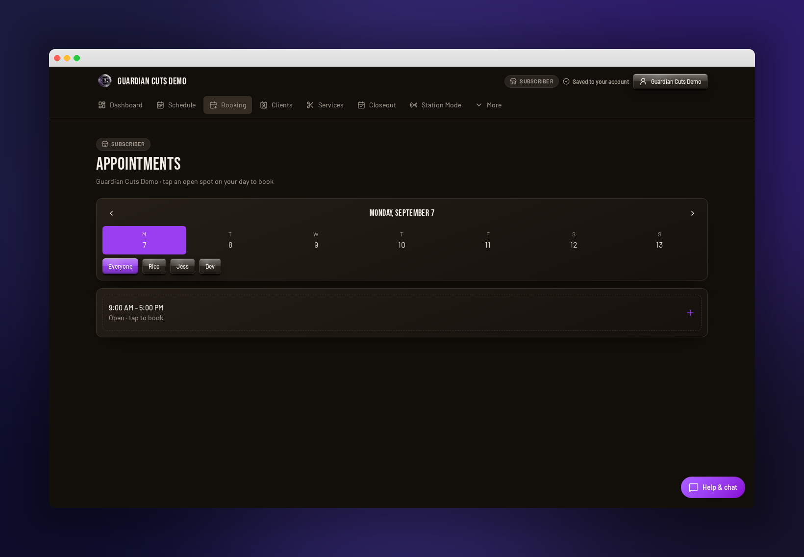 Tap-the-calendar booking — Omni Shop Guardian product screenshot